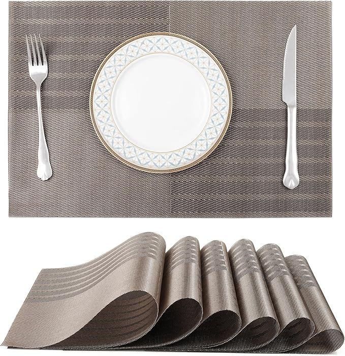 fanquare Vinyl Woven Placemats Set of 6 Classic Stylish Brown Patchwork Striped PVC Placemat for Dining Table Washable Non-Slip Waterproof Table Mats