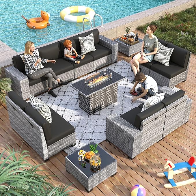 13 Piece Patio Furniture Set with Fire Pit Table, Outdoor Sectional Conversation Sets Grey Wicker Rattan Sectional Sofa for Patio Garden Backyard, 4'' Thickened Cushion Black
