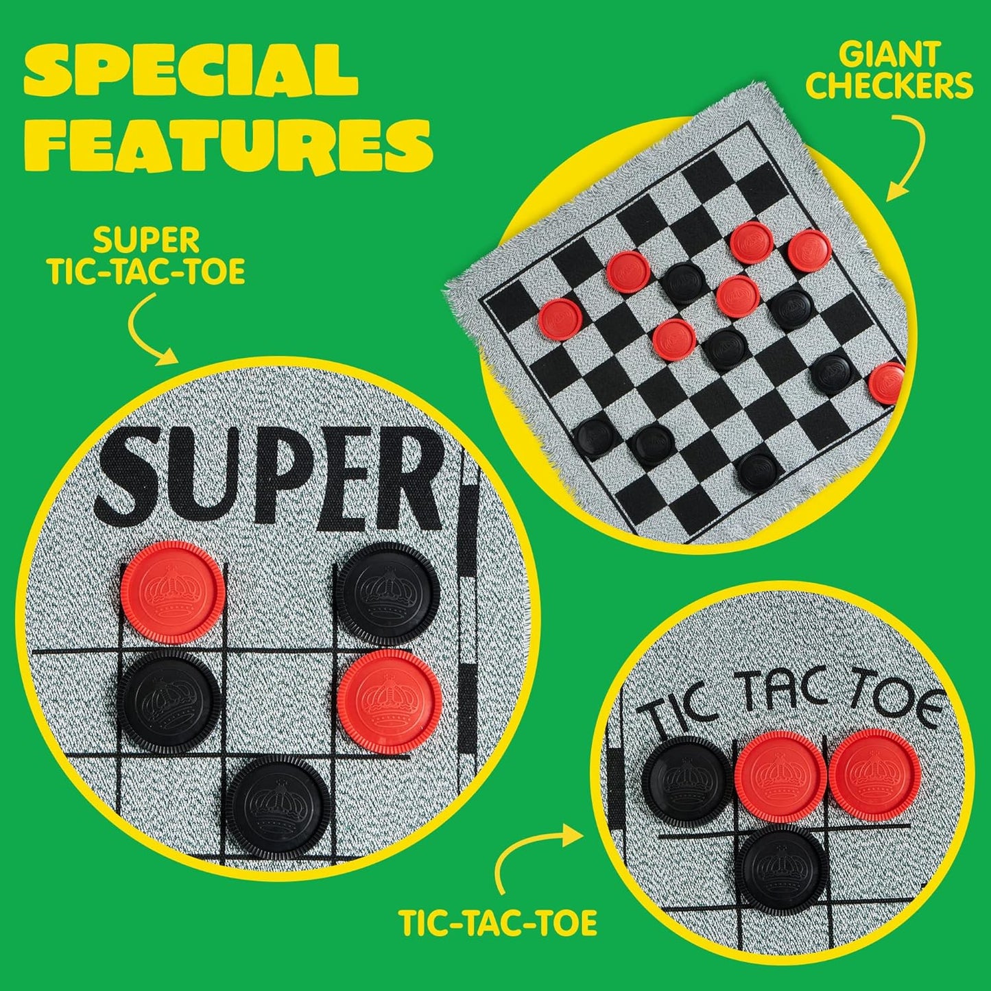 3-in-1 Vintage Giant Checkers, Tic, Tac, Toe, with Reversible Mat, 24 Chips, Family Board Game, Lawn Game, BBQ Party Favor, Indoor and Outdoor Activity for Kids and Adults