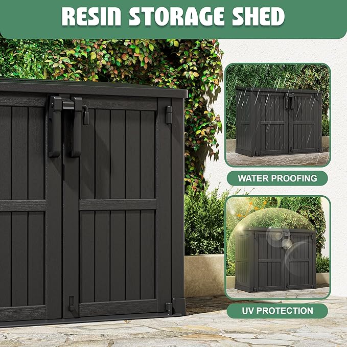 Outdoor Horizontal Resin Storage Shed,Portable Outdoor Storage Cabinet 36 Cu Ft with Lockable Doors -Waterproof Storage Box for Backyards,Easy to Assemble Black