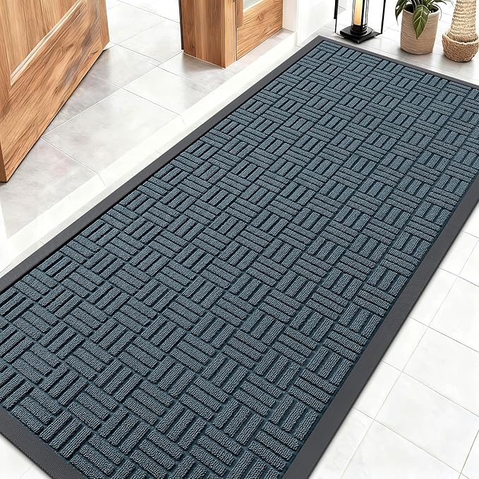 OLANLY Front Door Mat Outside Entrance 59x23, Absorbent, Heavy Duty Sturdy Natural Rubber Doormat Indoor Outdoor, Non-Slip, Stain and Fade Resistant, Low Profile Floor Mat for Entryway, Lake Blue