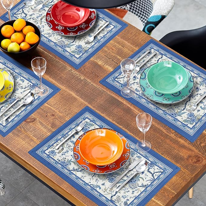 Giwawa 4PCs Chinoiserie Placemats Blue White Floral Birds Decorative Linen Table Mat 12"x18" Oriental Style Classic Flowers Heat Resistant Washable Place Mats for Kitchen Dining Party