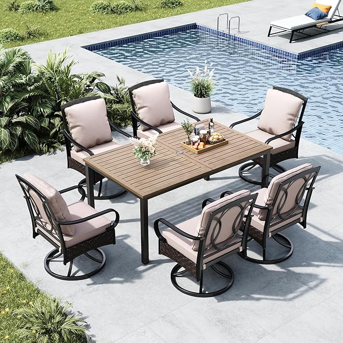 MFSTUDIO Patio Dining Sets with Swivel Chairs, Wood-Like Metal Table for 6 and Wicker Chairs, 7 Pieces Outdoor Dining Furniture, Patio Rectangular Table and Chair for Deck, Backyard