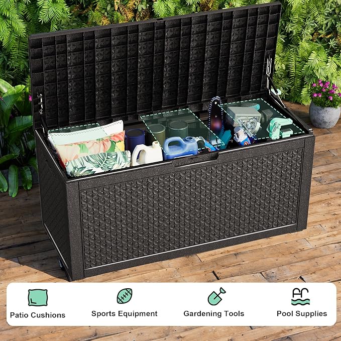 New 100 Gallon Outdoor Storage Box, Resin Deck Boxes Waterproof, Indoor Outdoor Bin for Package Delivery, Patio Cushions, Gardening Tools, Lockable, UV Resistant