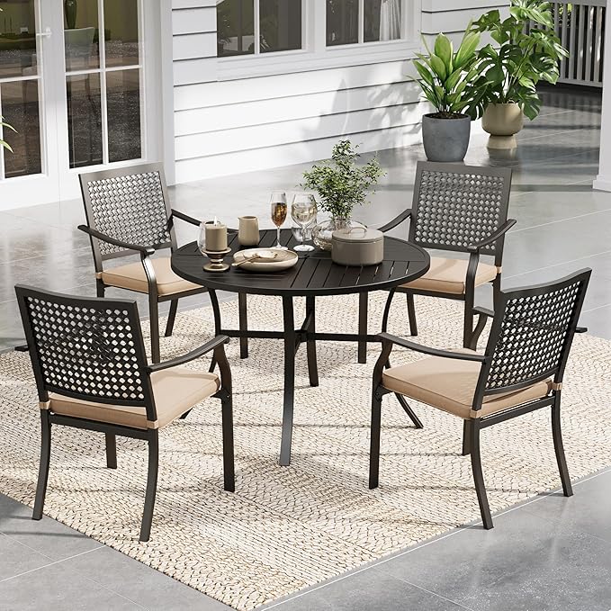 Sophia & William Round Patio Table and Chairs Set, Outdoor Dining Set for 4, 5 Piece Metal Patio Furniture, 42" Black Table(Beehive)