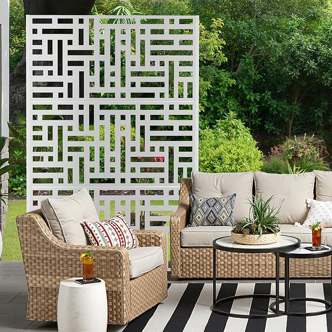 Metal Privacy Screen for Outdoor & Indoor Use, Free Standing Privacy Screen for Patio Garden Pool, 72" H x 47" W Decoative Privacy Panels, Weather Resistant, Easy Assembly (White Helen Street)