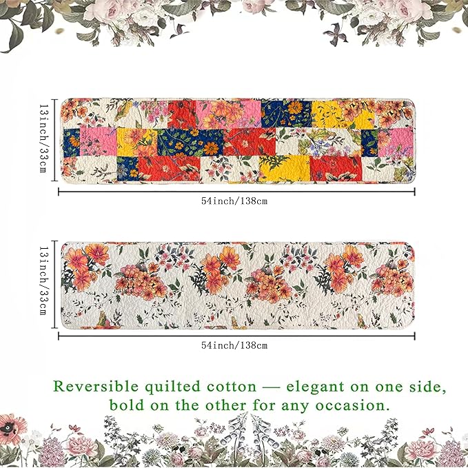 Cotton Quilted Floral Patchwork Table Runner 54 Inches Long – Handmade Farmhouse Table Runner for Dining Room, Coffee Table, or Buffet (Floral, 13*54)
