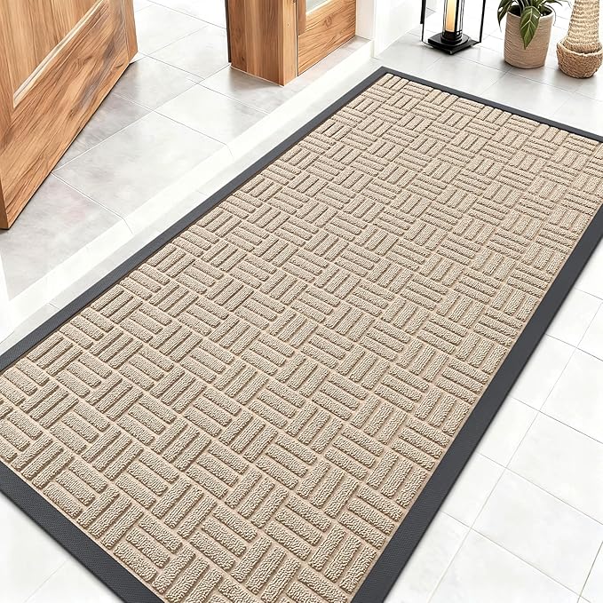 OLANLY Front Door Mat Outside Entrance 47x23, Absorbent, Heavy Duty Sturdy Natural Rubber Doormat Indoor Outdoor, Non-Slip, Stain and Fade Resistant, Low Profile Floor Mat for Entryway, Latte White