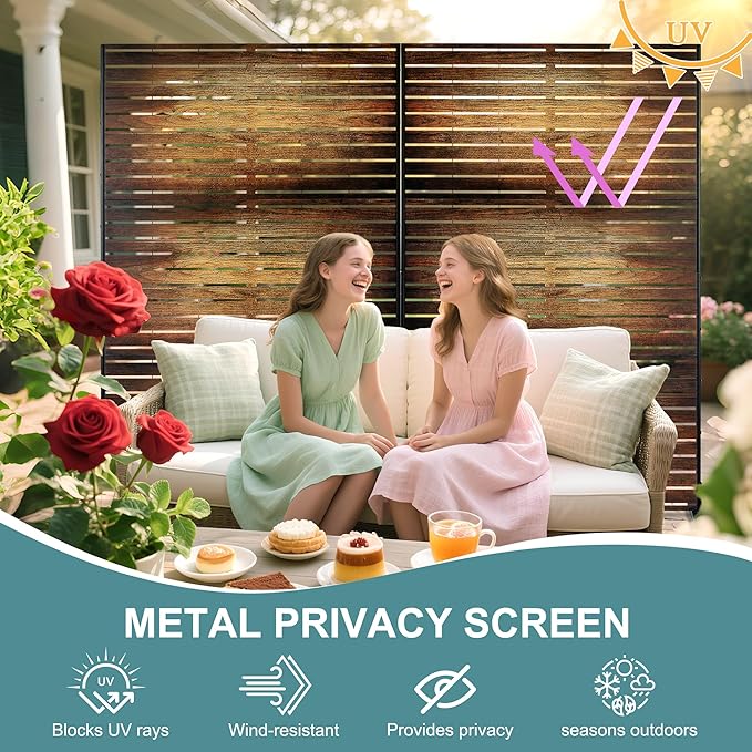 Metal Privacy Screen Outdoor Freestanding Privacy Wall Panels and Decorative Patio Dividers,Crafted from Steel with Sun-Proof Design,Ideal for Patio,Garden,72" H×47" L（Wooden&Vintage-3 Panels