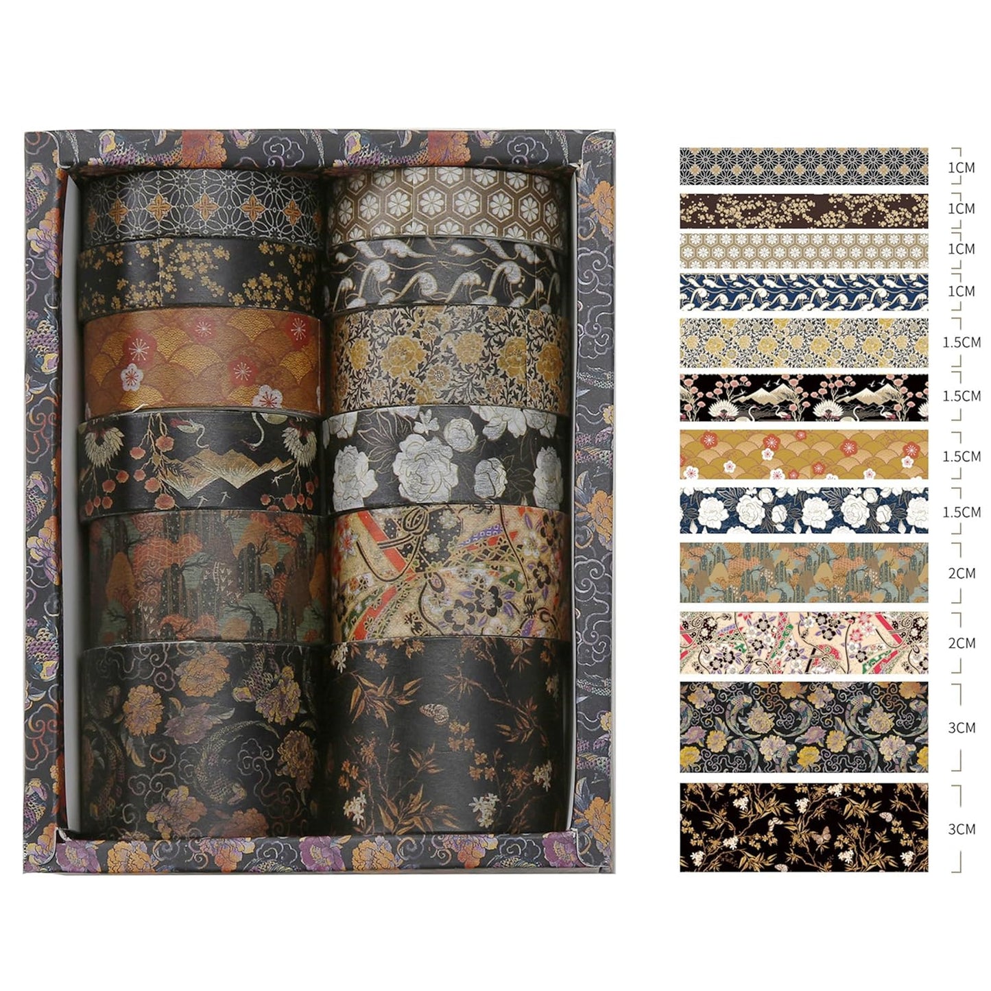 12 Rolls Kyoto Charm Washi Tape Set Japanese Arts Adhesive Tapes Geometric Garden Decorative Masking Tape Sets for Craft, Kids, Scrapbook, DIY, Gift Wrapping (Black Elegance)