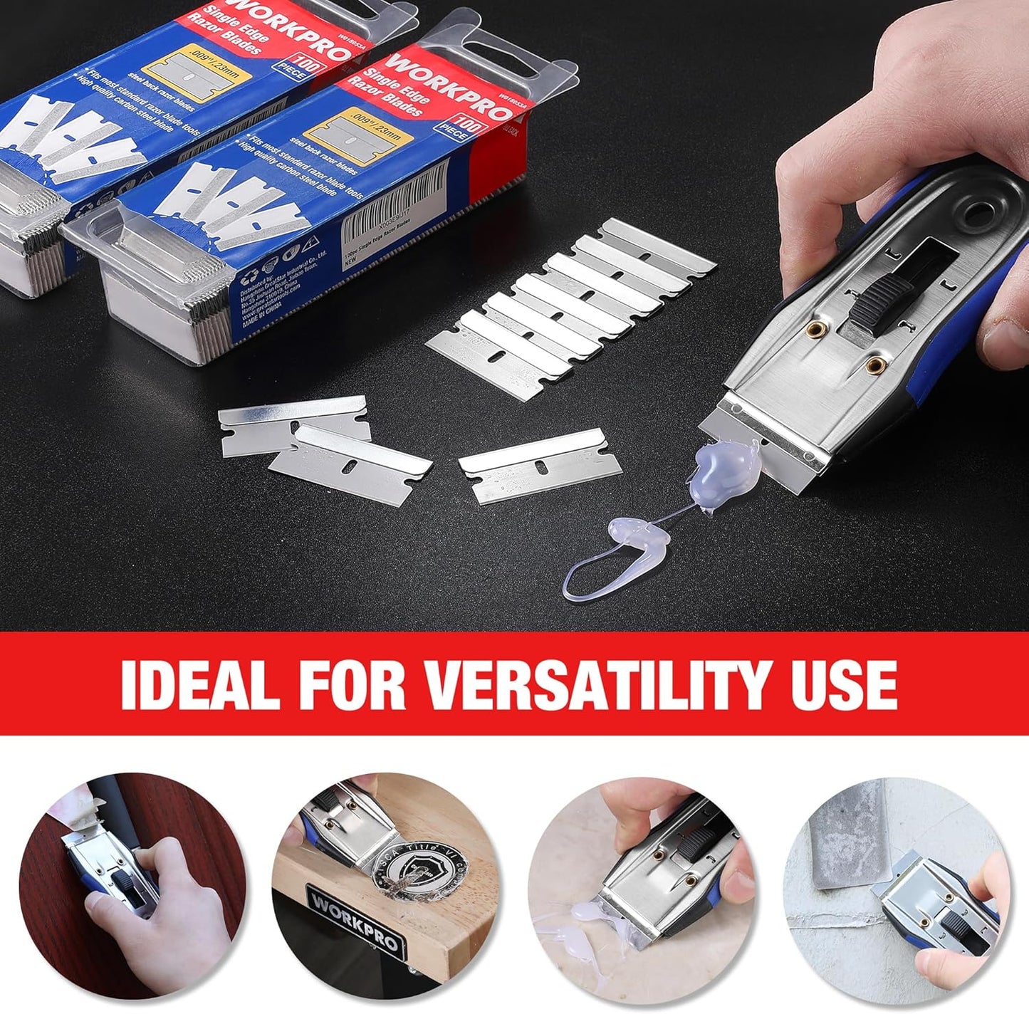 WORKPRO 200-Pack Single Razor Edge Blades, Industrial Scraper Razor Blades, High Carbon Steel One Edge Razor Blades