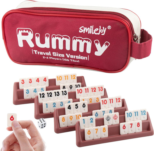 Smilejoy Mini Rummy Cube 4 Players Edition,Travel Rummy Game Set with Portable Canvas Bag,Classic Board Game for Adults and Kids |106 Tiles | 4 Playing Racks |1 Dice | (2-4 Player) ﻿