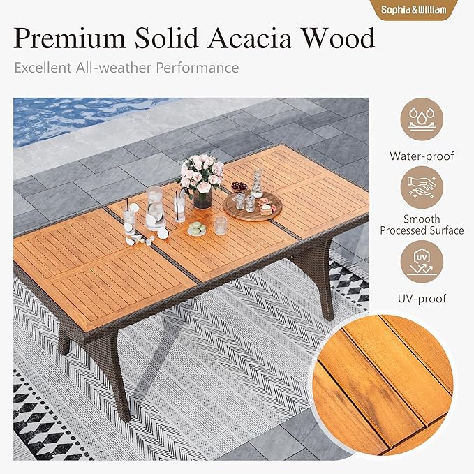 Sophia & William 9 Piece Patio Dining Set, Patio Table and Chairs Set Outdoor Dining Set for 8, Acacia Wood Patio Dining Table Set with PE Rattan Wicker Chairs for Garden, Porch, Backyard