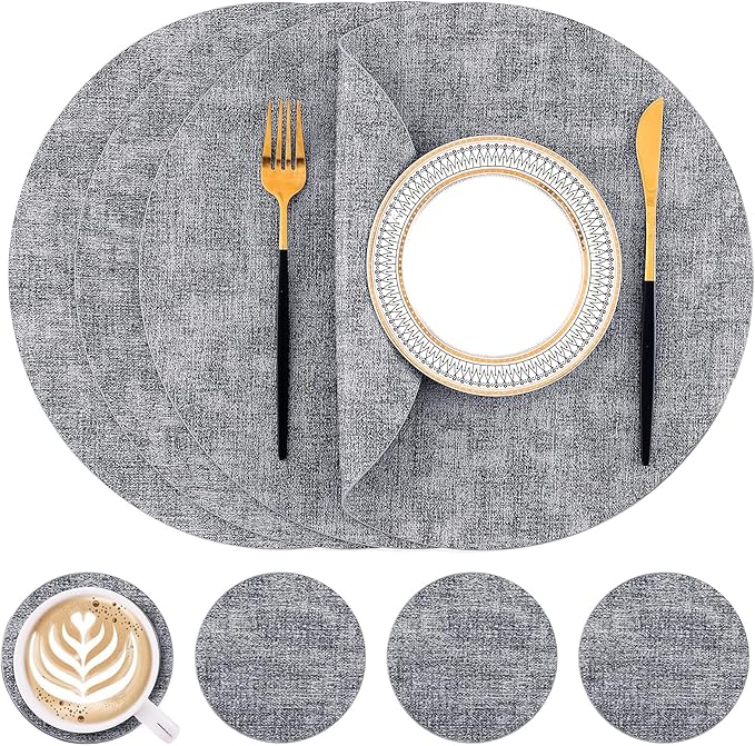Homaxy Round Faux Leather Placemats and Coasters, Washable Dual-Side Table Mats, Wipeable Heat-Resistant Dining Place Mats for Outdoor and Indoor, Set of 4, Diameter 13 and 3.93 inch, Black & White