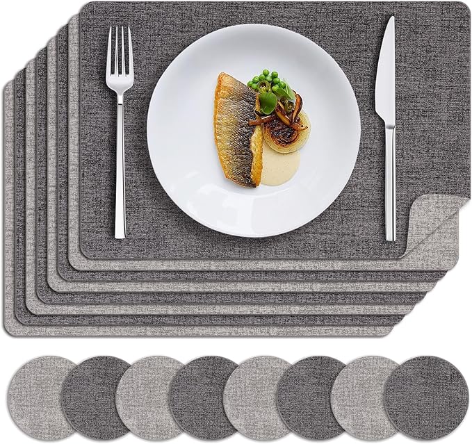 MOSAYT Placemats Set of 8, Heat Resistant Vinyl Place Mats with Coasters, Wipeable Washable Waterproof Oil Proof Faux Leather Table Mats for Kitchen Dining Party Outdoor, 12" x 17", Dark Light Grey