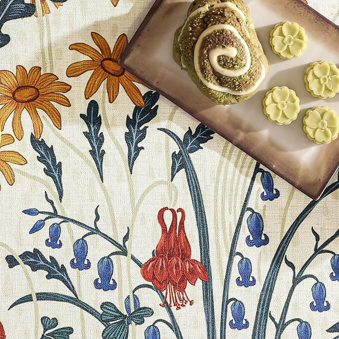 French Vintage Small Round Tablecloth,Linen Tablecloth with Gold and Red Floral Pattern,Decorative Table Cover for Kitchen,Dining,Thanksgiving,Party,Living Room,Diameter 55"-Tijuana