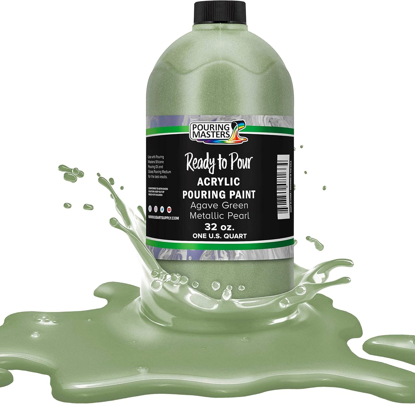 Pouring Masters Agave Green Metallic Pearl Ready to Pour Acrylic Pouring Paint - Premium 32-Ounce Pre-Mixed Fluid Acrylic Paint - Fluid Art Supplies for Canvas, Wood, Paper, Tile & Rocks