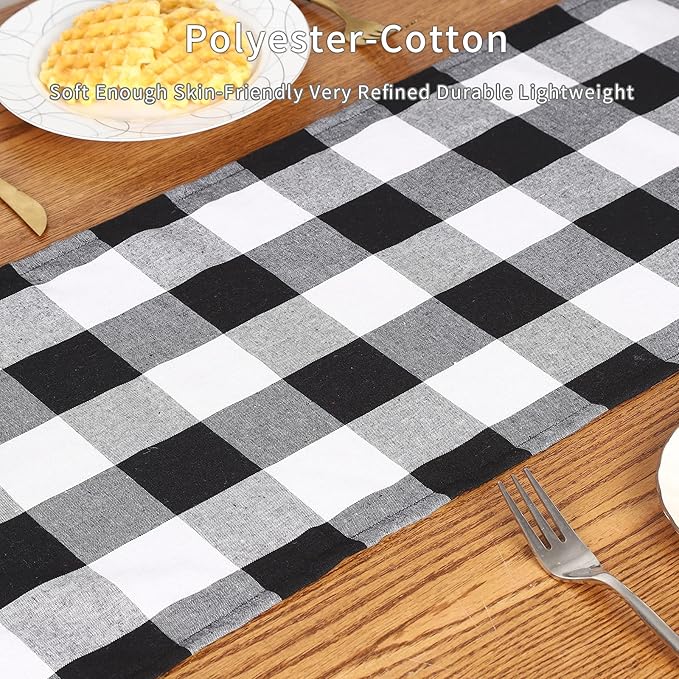 Tosewever Buffalo Check Plaid Table Runner, Cotton Polyester Blend Classic Family Dinner Table Runners for Indoor Outdoor Parties, Christmas Events Home Decoration (Black and White, 14 x 72 Inch)