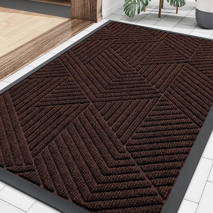 Smiry Front Door Mat Outside Entrance, Heavy Duty Sturdy Natural Rubber Doormat, Trap Dirt and Moisture, Easy Clean Low Profile Mats for Indoor Outdoor Entry, Irregular Triangle (36x24, Deep Brown)