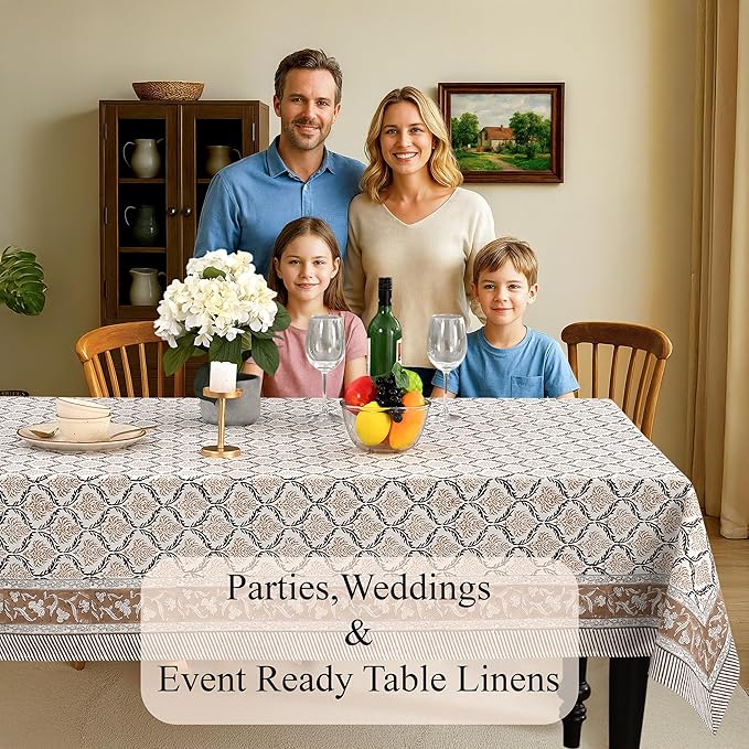 CPC Sandstone Regal Tablecloth 100% Cotton 60x90 Inch Indian Block Print Rectangle Table Cover, Table Cloth for Gifting in Weddings, Halloween, Fall, Christmas, Thanksgiving