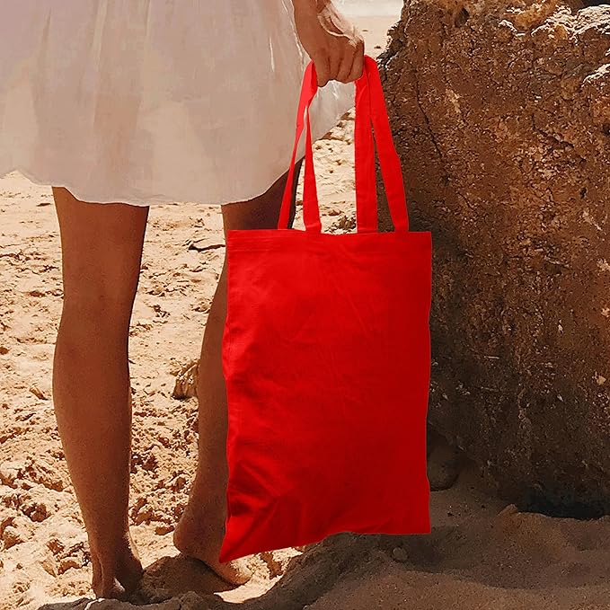 DISCOUNT PROMOS Cotton Canvas Tote Bags Set of 10, Bulk Pack - Reusable, Great for Shopping, Grocery, Beach, Picnic, Wedding Favors - Red