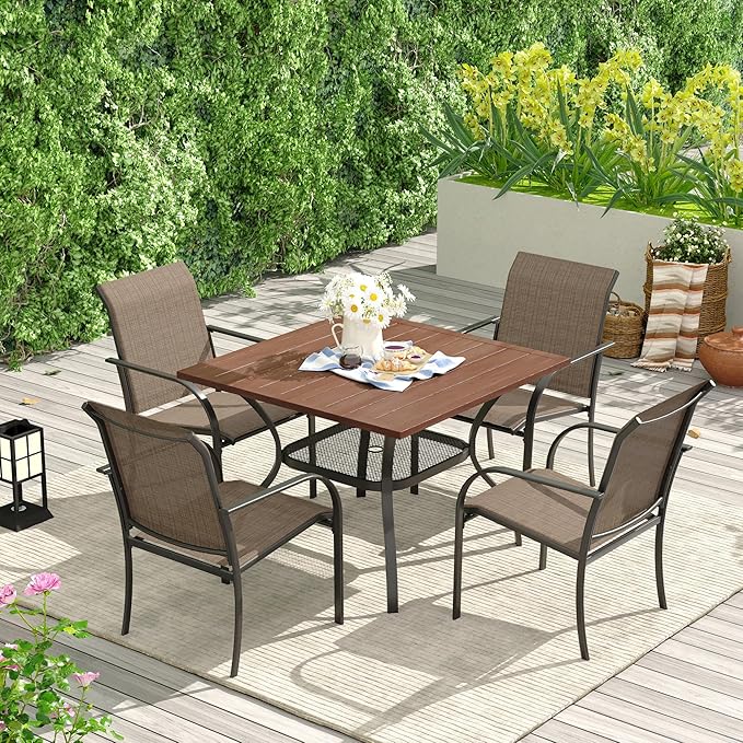 VICLLAX Patio Dining Table for 4 Square Metal Outdoor Table with Umbrella Hole and Storage Shelf for Garden Lawn Balcony Deck, Walnut