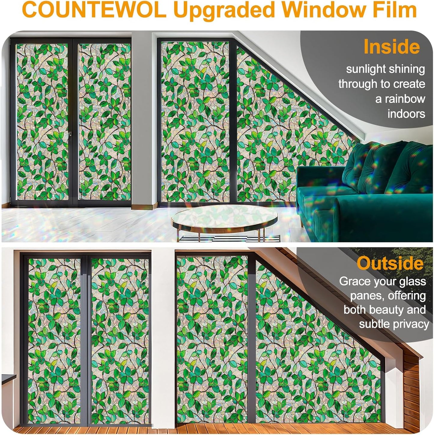 Window Privacy Film Stain Glass Window Film Rainbow Window Film Window clings Non-Adhesive Reusable Decorative for Room (Greenery Leaf, 45.2 x 157.4 in)