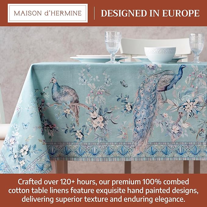Maison d' Hermine Premium Table Cloth Rectangle Table 100% Combed Cotton 90 x 70 Inches Tablecloth Reusable Decorative for Dining Room Home Party Festive Wedding - Peacock Utopia - Pastel Turquoise