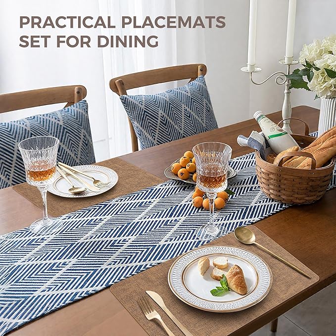 Vinyl Placemats Set of 12, Faux Leather Waterproof and Heat Resistant Place Mats, Washable Anti-Slip Table Mats with Coaster, Wipeable Placemats for Indoor & Outdoor 17" x 12" (Light Brown, Set of 12)