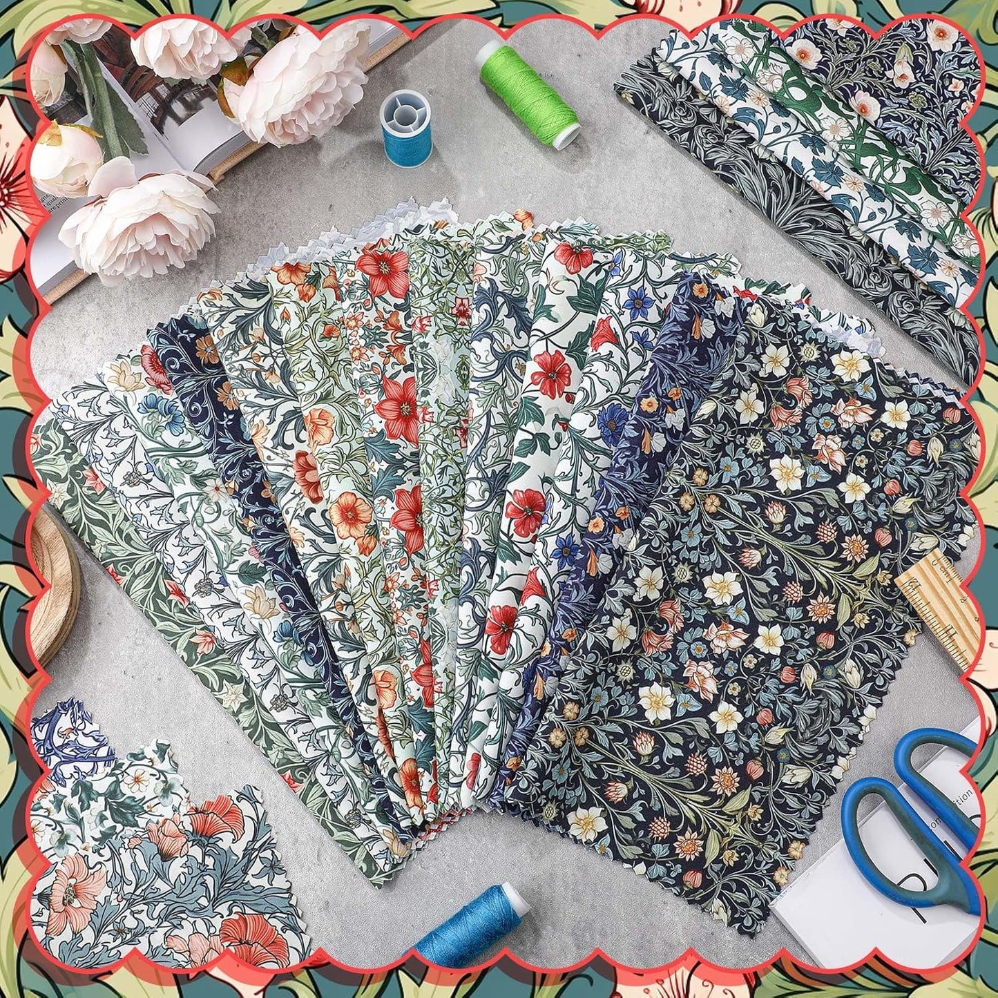 Ganeen 60 Pcs 10 x 10 Inch William Morris Floral Quilting Fabric Squares Vintage Floral Fat Patchwork Precut Strips Retro Multicolor Fabric Bundles for Holiday DIY Craft Sewing Quilt Material Handmade