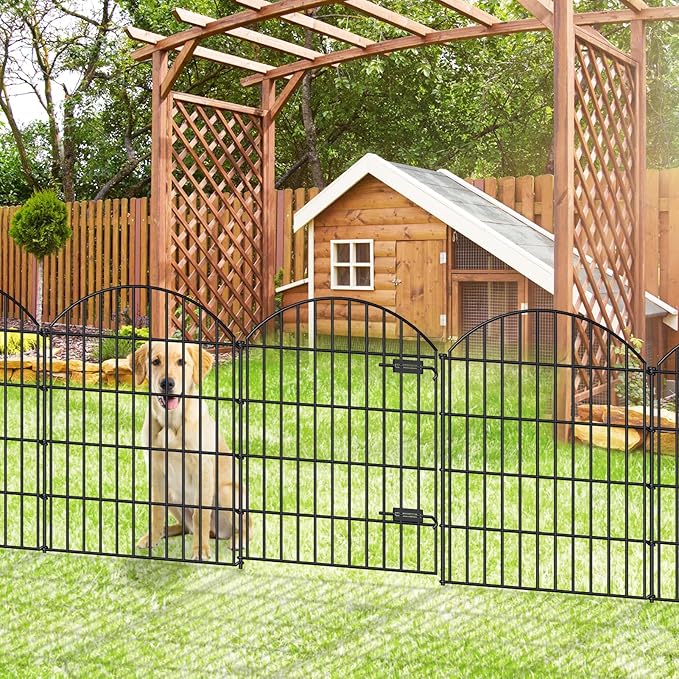 Metal Garden Fence with Gate 36in (H) x 18.7ft (L), 1 Gate+7 Panels Dog Fence Border Fence Animal Barrier, No Dig Garden Fencing for Yard Flower Bed Lawn Patio Outdoor,ECG3508,Black