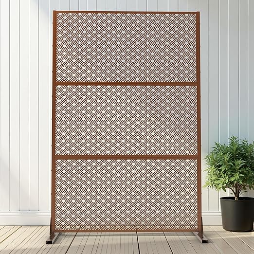 Casaphoria 72" H x 47" W Metal Outdoor Privacy Screen, Freestanding Decorative Divider for Patio, Deck, Balcony, and Garden with Stable Base, Brown-Jason