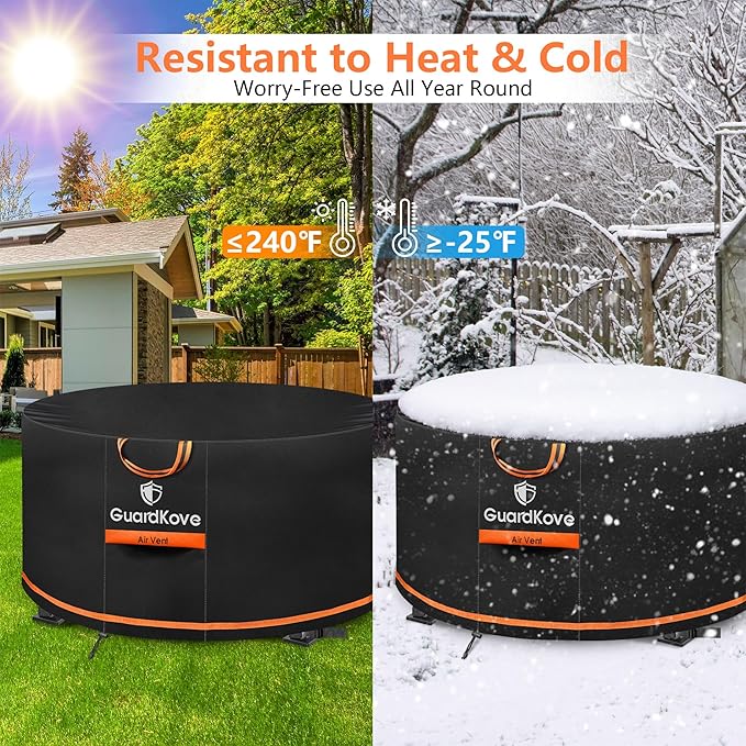 [Upgraded 1000D Heavy Duty Fabric] 32” Fire Pit Cover Round for 29”- 32” Fire Pit/Tables, Waterproof Tear & Fade Resistant Firepit Cover with Buckle, Handle, Drawstring, Air Vent (32”D x 16”H,Black)