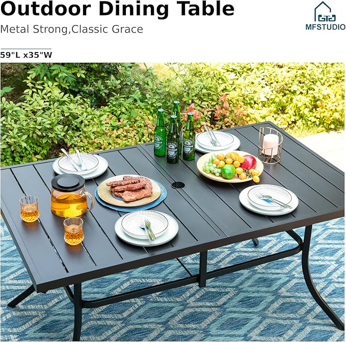 MFSTUDIO 7 Piece Outdoor Patio Dining Set for 6, 60'' Metal Rectangular Table and Wicker Chairs, All Weather Patio Furniture Table and Chairs Set, E-Coated Frame & Brown Wicker