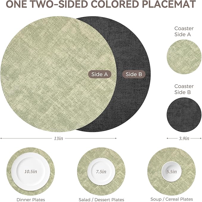 13" Round Placemats Set of 4, NCUE Dual-Sided Faux Leather Heat Resistant Table Mats, Waterproof Oilproof Washable Protective Table Placemats with Coaster, Wipeable Vinyl for Indoor & Outdoor Use