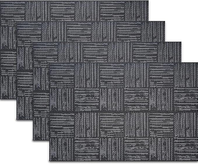Black Placemats Set of 4, Plastic Vinyl 18" x 12" Place Mats for Dinner Table, No-Slip Wipeable Table Mats Daily Use Patio Kitchen Decoration