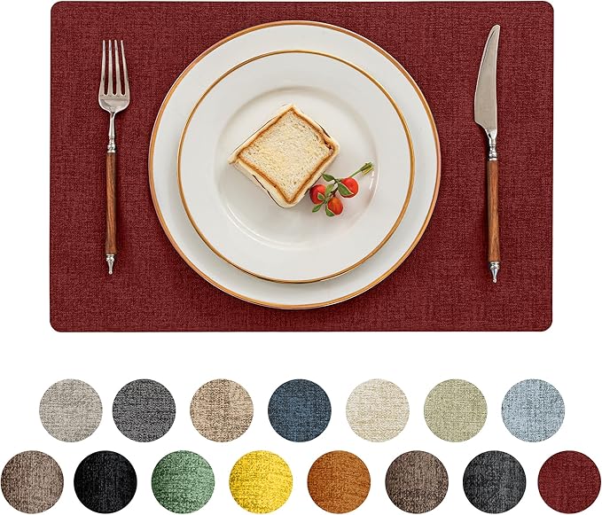 Romanstile Vinyl Placemats Set of 4-12 X 17 Inch - Heat Resistant Place Mats 100% Waterproof Oilproof Wipeable Reversible Faux Leather Table Mats for Kitchen, Dining, Party, Outdoor, Red