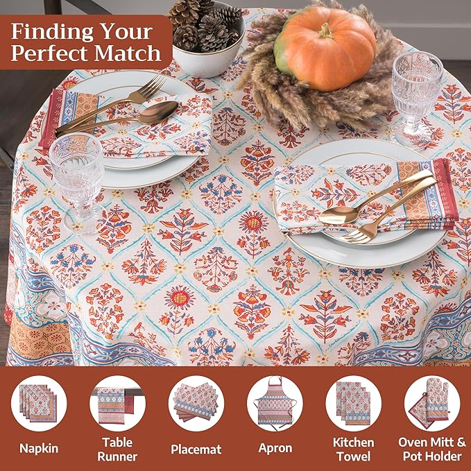 Maison d' Hermine Table Cloth Round Table 100% Cotton 63 Inches Fall Tablecloth Reusable Everyday Use for Thanksgiving Christmas Decorations Dining Farmhouse Party (Romane)