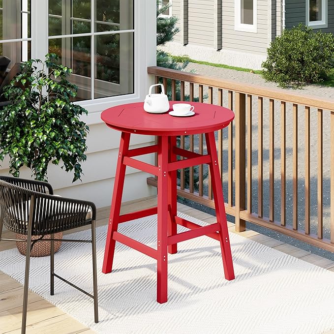 Costaelm Patio Bistro Table, 42" Counter Height Round Patio Cocktail Bar Table with Umbrella Hole, Outdoor Bistro Dining Pub Table for Front Porch Deck Backyard Garden, Red
