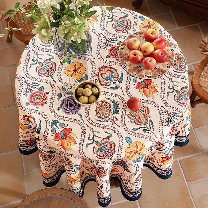 Vintage French Round Tablecloth,Linen Extra Long Tablecloth with Rose and Cornflower Pattern,Decorative Table Cover for Kitchen,Dining,Thanksgiving,Party,Diameter 67"-Lanae