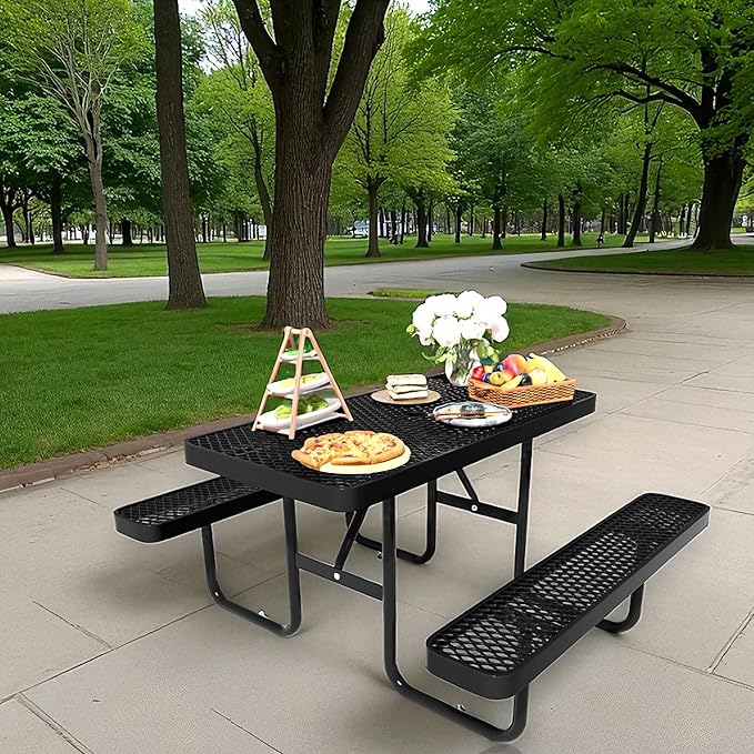 4 FT Metal Picnic Tables for Outside, Outdoor Coated Steel Heavy Duty Commercial Picnic Table with Benches, Patio Table Rectangular Furniture Set for Garden, Lawn, Shops, Parks
