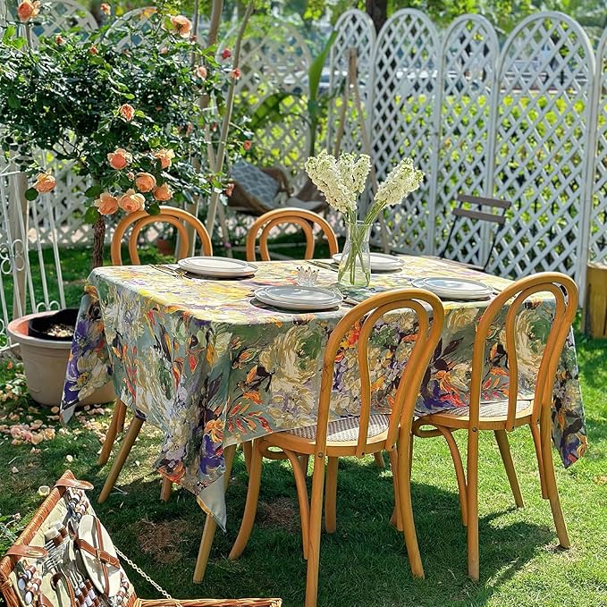 Outdoor Tablecloth 108x60 Inch, Block Print Waterproof Spillproof Table Cloth, Rectangle Outdoor Table Cover for Dining Picnic Easter Farmhouse Spring Summer- Green