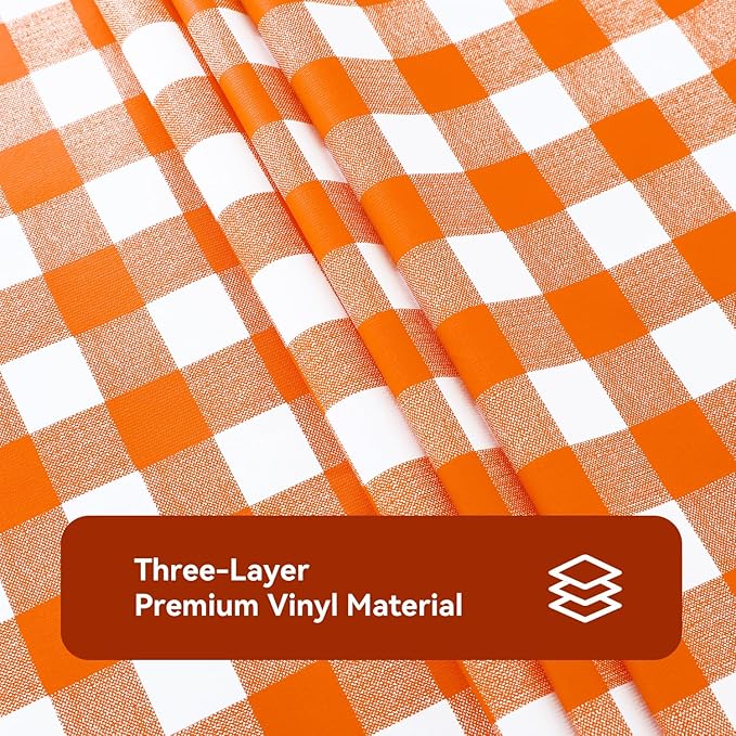 Romanstile Rectangle Vinyl Tablecloth, 100% Waterproof Buffalo Gingham Plastic Table Cloth, Heavy Duty Wipeable Checkered Table Covers for Outdoor, Camping, Picnic, Patio - 54 x 78, Orange and White
