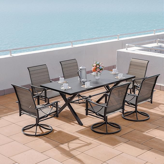 Kurapika 7-Piece Patio Dining Set, Patio Furniture Set for 6, Outdoor Large Metal Table with Umbrella Hole and Textilene Swivel/Rocking Chairs, for Garden, Deck, Porch, Pool All Weather, Brown