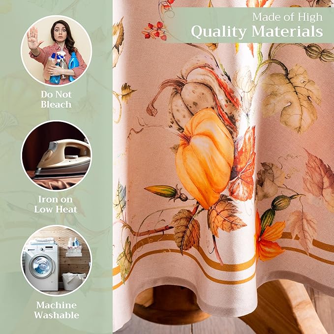 Maison d' Hermine Table Cloth Round Table 100% Cotton 69 Inches Fall Tablecloth Reusable Everyday Use for Thanksgiving Christmas Decorations Dining Farmhouse Party (Potiron)