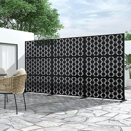 Casaphoria 72" H x 47" W Metal Outdoor Privacy Screen, Freestanding Decorative Divider for Patio, Deck, Balcony, and Garden with Stable Base, Black-Square