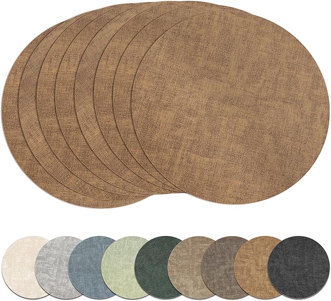 13" Round Placemats Set of 8, Reversible Faux Leather Heat Resistant Table Mats, Waterproof Oilproof Wipeable Table Protective Placemats for Vinyl, Washable for Indoor & Outdoor Use (8, Light Brown)