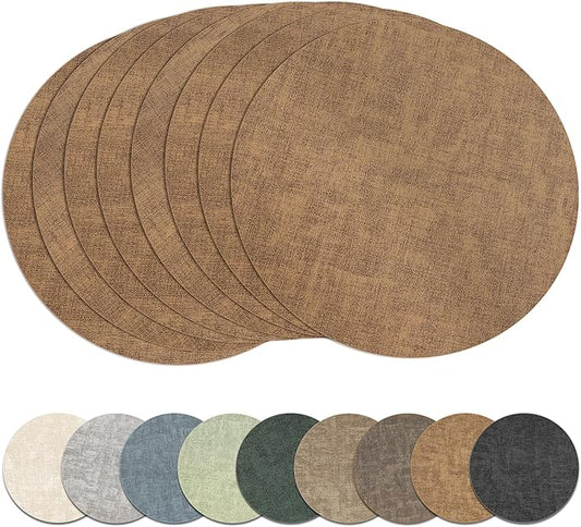 13" Round Placemats Set of 8, Reversible Faux Leather Heat Resistant Table Mats, Waterproof Oilproof Wipeable Table Protective Placemats for Vinyl, Washable for Indoor & Outdoor Use (8, Light Brown)