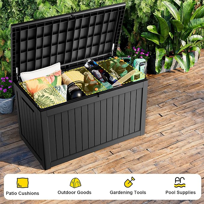 280 Gallon Outdoor Storage Box, Large Resin Deck Box for Patio Cushions, Garden Tools, Pool Accessories, Waterproof and Lockable Design, Storage Bench for Backyard & Deck(Black)
