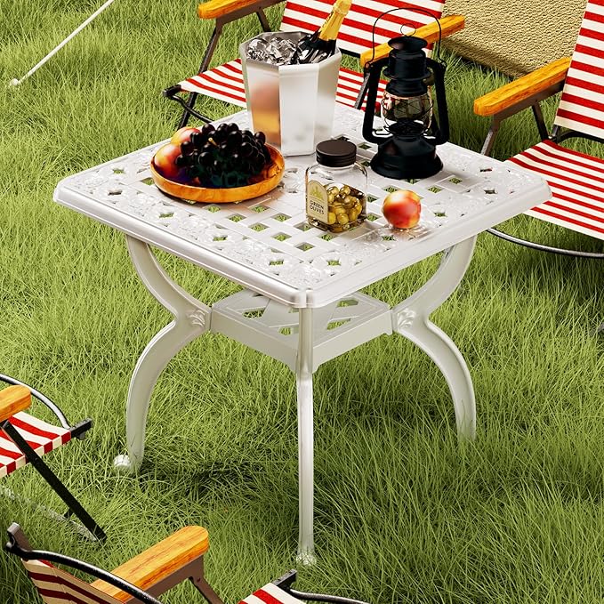 Cast Aluminum Outdoor Side Table, All Weather Square Bistro Table, Outdoor Coffee Table, Small End Table for Patio, Indoor, Lawn, Garden, White